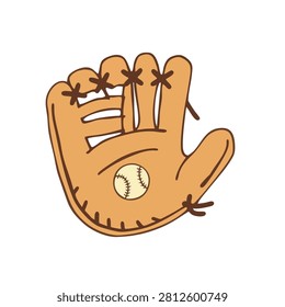 A simple hand drawn illustration of a brown leather baseball mitt with a white baseball caught inside isolated on a white background.