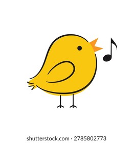 A simple hand drawn illustration of a cheerful yellow chick singing with a black musical note symbol beside it on a white background