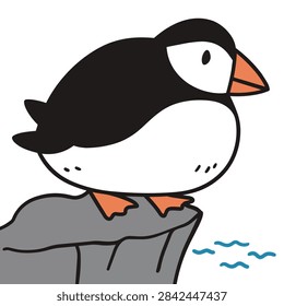 A simple hand drawn illustration of a chubby black and white puffin with an orange beak standing on a gray rock ledge