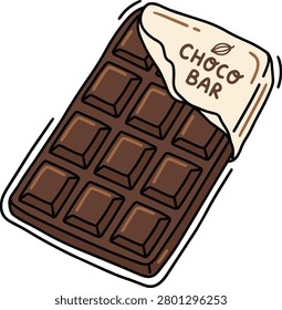 A simple hand drawn illustration of a classic chocolate bar. The wrapper is partially peeled back to reveal the segmented dark chocolate squares of the candy.