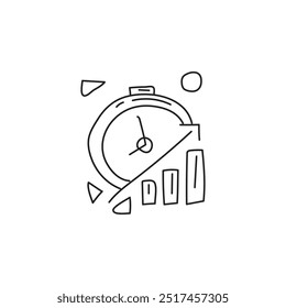 Simple hand drawn illustration of a clock with arrow pointing to a growing bar graph. Concept of time management, progress and productivity.