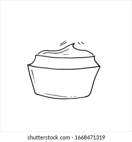 Simple hand drawn illustration of cream for face and body. Care for skin for women. Vector drawing in cartoon doodle style. Element for decoration posters, postcards, web, advertisement