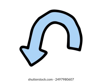 Simple hand drawn illustration of curved arrow pointing downwards, drawn in blue with a black outline, in a minimalistic style. Concept of direction, movement, navigation, indication. Design element.