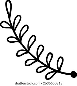 Simple, hand drawn illustration of a curved branch with leaves, creating a minimalist and elegant botanical design element suitable for various decorative purposes