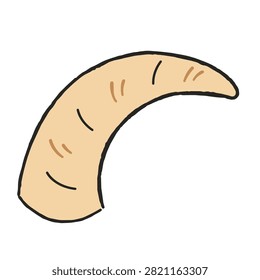 A simple hand drawn illustration of a curved animal horn colored in beige with a black outline on a white background