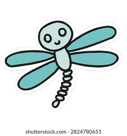 A simple hand drawn illustration of a cute dragonfly with light blue wings and a segmented tail on a white background