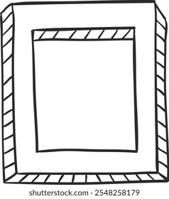 Simple, hand drawn illustration of an empty picture frame featuring a prominent striped border, creating a large white space ideal for adding custom images or text