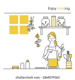 simple hand drawn illustration, enjoy cooking, stay home