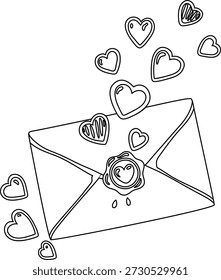 Uma ilustração simples desenhada à mão de um envelope com um selo de cera e corações flutuando ao redor dele.