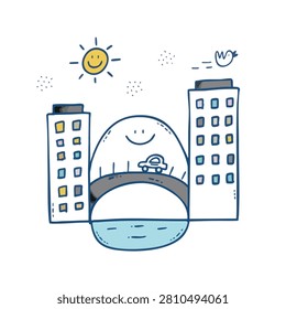 A simple hand drawn illustration featuring two tall buildings, a smiling sun, a bridge with a car, and a body of water in a playful, naive artistic style.