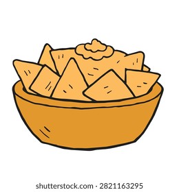 A simple hand drawn illustration featuring a round bowl packed with yellow tortilla chips or nachos in a cartoon art style