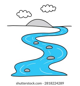 A simple hand drawn illustration of a flowing blue river with scattered rocks in the water against a plain background