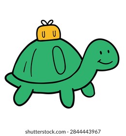 A simple hand drawn illustration of a green turtle carrying a small yellow gift box on its back on a white background
