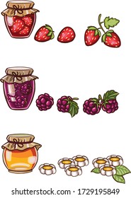 Simple hand drawn illustration of homemade jam jam with cherry berries, seasonal autumn indoors activities 03