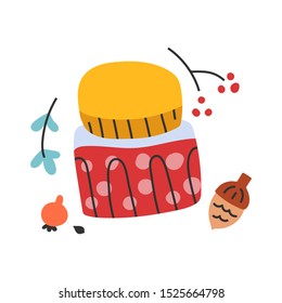 Simple hand drawn illustration of jam made of berries in a jar, sweet homemade confiture. indoors seasonal autumn activity. Vector doodle icon in modern trendy flat style.