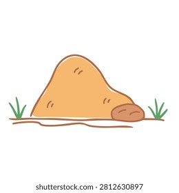 A simple hand drawn illustration of an orange dirt anthill on the ground with small patches of green grass on both sides