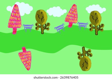 Simple hand drawn illustration of a park. Trees and benches lining the sidewalk. Watercolor in pastel shades. Illustration of a park, nature, trees