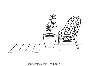 Simple hand drawn illustration of a patio scene with a wicker chair and a potted plant