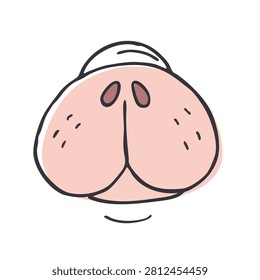 A simple hand drawn illustration of a pink animal nose with nostrils and whiskers marks on a white background