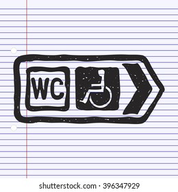 Simple hand drawn illustration of a road sign showing direction to toilet with disabled access