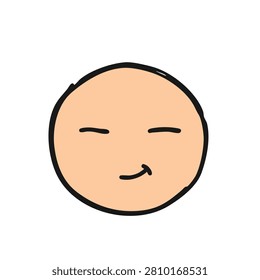 A simple hand drawn illustration of a round face featuring a smug or satisfied smirk expression with closed eyes on a plain background