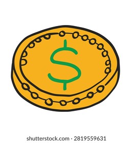 A simple hand drawn illustration of a single gold coin featuring a green dollar sign and decorative beaded border isolated on a white background