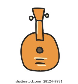 A simple hand drawn illustration of a small acoustic guitar or ukulele with orange body and dark outlines