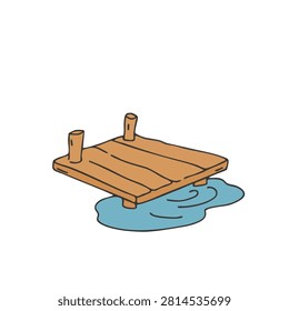 A simple hand drawn illustration of a small wooden dock platform floating above blue water on a white background