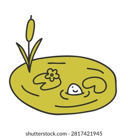 A simple hand drawn illustration of a small green pond featuring a smiling frog peeking out of the water alongside a lily pad and a cattail plant