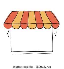 A simple hand drawn illustration of a small shop front featuring a striped orange and yellow awning over a blank rectangular space for text or graphics.