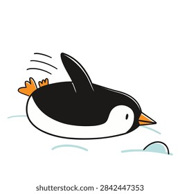 A simple hand drawn illustration of a small cute penguin swimming through the water