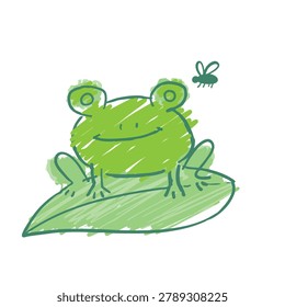 A simple hand drawn illustration of a smiling green frog perched on a large leaf with a small fly buzzing above it.