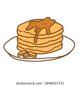 A simple hand drawn illustration of a stack of golden pancakes on a plate drizzled with syrup and garnished with banana slices.