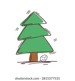 A simple hand drawn illustration of a stylized evergreen coniferous tree in green and brown with a single pinecone on the ground