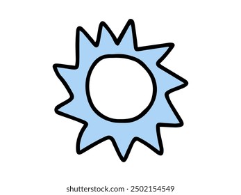 Simple hand drawn illustration of a sun with spiky rays in blue, drawn in a minimalistic and childlike style. Concept of sunshine, weather, warmth, and playful design. Isolated on a white background.