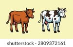 Simple hand drawn illustration of two dairy cows, featuring one brown cow and one spotted black and white cow