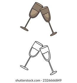 simple hand drawn illustration of two glasses of wine or champagne for a romantic date, new year, Valentine's  day, party, menu decor, invitation 