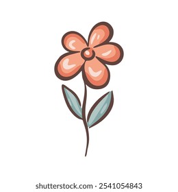 Una ilustración dibujada a mano simple de una flor rosa vibrante con hojas verdes sobre un fondo blanco