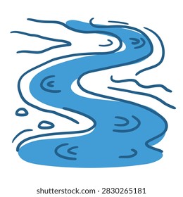 A simple hand drawn illustration of a winding blue river with abstract water currents and ripples depicted in a minimalist doodle style.