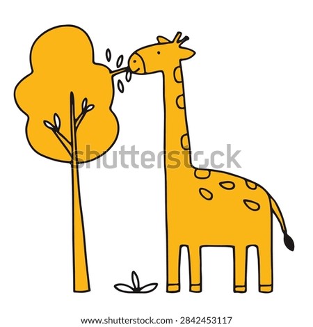 A simple hand drawn illustration of a yellow giraffe standing beside a tree and eating leaves from its branches on a white background