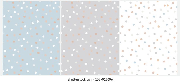 Simple Hand Drawn Irregular Dots Vector Patterns. Blue, Brown, White and Beige Dots on a Gray, Blue and White Background. Infantile Style Abstract Dotted Vector Print Ideal for Fabric, Textile, Cover.
