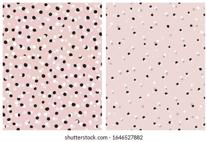 Simple Hand Drawn Irregular Dots Vector Patterns. Black, Gray and White Dots on a Light Blush Pink Background. Infantile Style Abstract Dotted Vector Print for Fabric, Textile and Wrapping Paper.