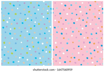 Simple Hand Drawn Irregular Dots Vector Patterns. Pink, Beige and White Dots on a Light Blue Background. Blue, White and Orange Dots on a Pink Background. Infantile Style Abstract Dotted Print.