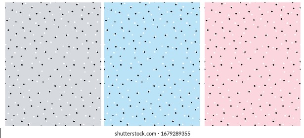 Simple Hand Drawn Irregular Dots Vector Pattern. White and Black Dots Isolated on a Light Gray, Blue and Light Pink Background. Infantile Style Abstract Geometric Dotted Seamless Vector Print.