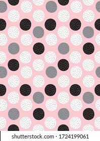 Simple Hand Drawn Irregular Dots Vector Patterns. Big Black, Gray and White Polka Dots on a Blush Pink Background.Infantile Style Abstract Dotted Print for Fabric, Textile, Decoration.Geometric Print.