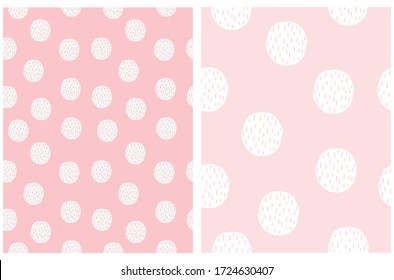 Simple Hand Drawn Irregular Dots Vector Patterns. White Polka Dots on a Light Pink Background. Circles with Pink Brush Stripes Inside. Abstract Dotted Print for Fabric, Decoration.