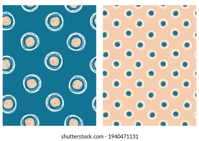 Simple Hand Drawn Irregular Dots Vector Patterns. Big Irregular Dots and Circles on a Dark Blue and Cream Background. Infantile Style Abstract Dotted Vector Print Ideal for Fabric, Textile.