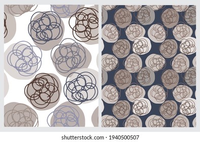 Simple Hand Drawn Irregular Dots Vector Patterns. Big Black and Gold Irregular Spots and Scribbles on a Dark Blue and White Background. Abstract Doodle Vector Print Ideal for Fabric, Textile.