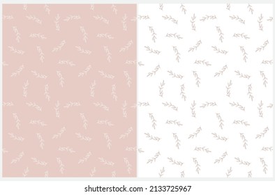 Simple Hand Drawn Irregular Floral Vector Patterns. Freehand  Twigs on a Pastel Pink and White Background. Infantile Style Abstract Vector Print Ideal for Fabric, Textile.