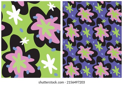 Sencilla Mano Dibuja Patrones Irregulares De Vectores Florales. Flores de escobilla a mano libre en un fondo verde claro y violento. Impresión de vectores de jardín de estilo infantil abstracto ideal para tela,textil.